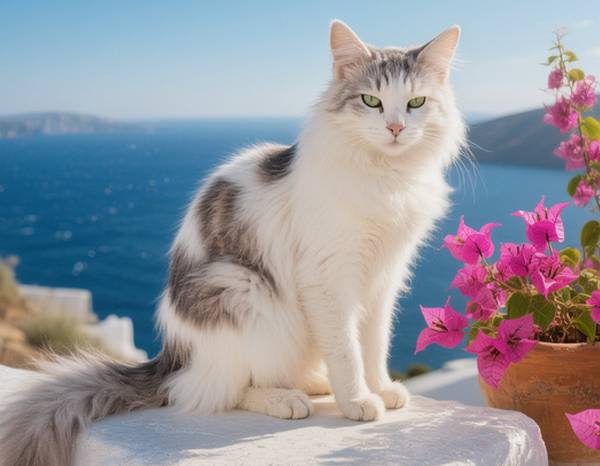 Un chat Égéen avec un pelage court bicolore et des yeux verts ou dorés.