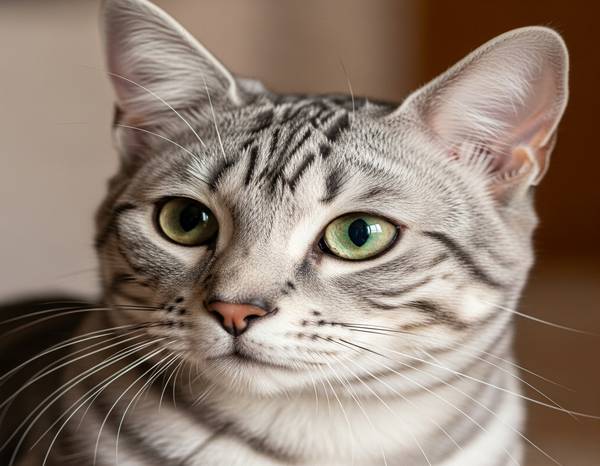 Gros plan sur la tête d'un Australian Mist, montrant ses grands yeux verts et son pelage brumeux.