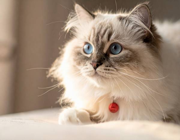Un chat Birman aux yeux bleus et aux pattes gantées de blanc.