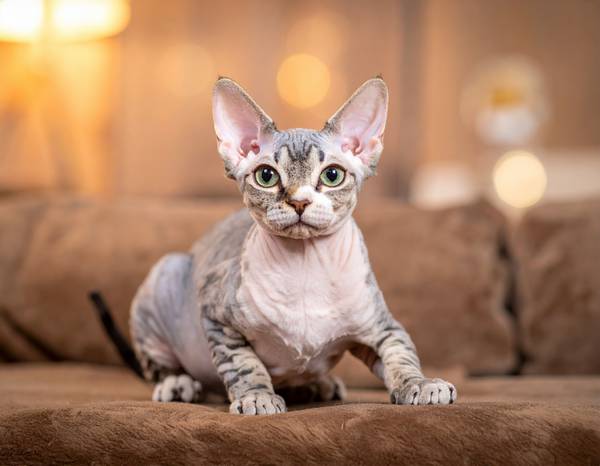 Gros plan sur la tête d'un Devon Rex montrant ses grandes oreilles et son pelage ondulé.