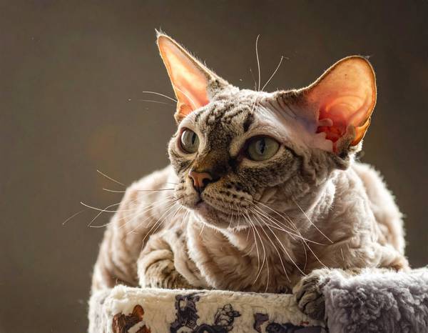 Un Devon Rex avec ses grandes oreilles et son pelage bouclé.