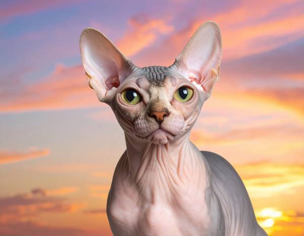 Gros plan sur la peau plissée et les grands yeux d'un chat Sphynx.